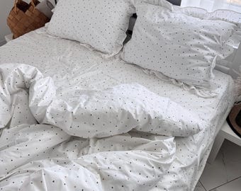 Ruffle Cotton Bedding Set with Hearts, Soft Ranforce Cotton Bed Set, Aesthetic Soft Cotton Bed Set, Romantic Duvet Cover, Housewarming Gift