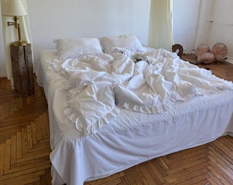 Ruffled White Bedding Set - Ranforce Cotton Shabby Chic Bed Set