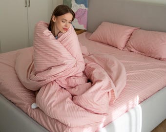 Powder Pink Striped Satin Bedding Set