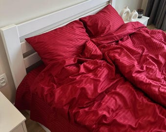 Red Bedding Set, Cotton & Satin Bedding, Queen Duvet Cover, King Organic Bed Set, Burgundy Sheets, Striped Bedding, Housewarming Gift Idea