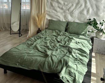 Green Duvet Cover in Washed Cotton, Soft Breathable Bedding, Olive Boiled Cotton Cover, Minimalist Natural Bedroom, King Queen Sizes
