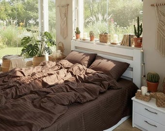 Brown Stripe Satin Bedding Set - Modern Cotton Comfort & Elegant Design