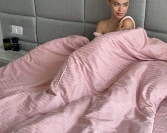 Powder Pink Striped Satin Bedding Set, Minimalist Boho Bed Set, Soft Cotton Duvet Cover, Queen and King Bed Set, Cozy Gift for Her