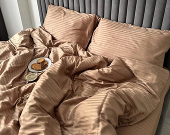 Tan Natural Bedding Set, Satin Duvet Cover Queen, Comforter Set