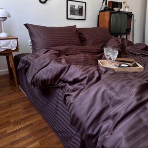 Choco Stripe Satin Bedding Set, Cotton Duvet Cover with Sheet and Pillowcases, Soft Handmade Bed Linen in Twin, Full, Queen, King Sizes