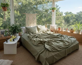 Elegant Olive Green Bedding Set, Soft Cotton Satin Bed Linen with Subtle Stripes, Cozy Duvet Cover and Pillowcases, Queen King