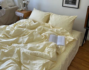 Lemon Cotton Bed Linen Set, Striped Satin Duvet Cover with Pillowcases and Sheet, Light Yellow Cozy Bedding for King Queen Beds