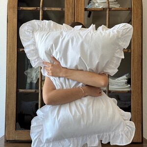 White Frill Cotton Bedding Set, Ranforce Duvet Cover with Pillowcases, Romantic Farmhouse Bed Linen image 2