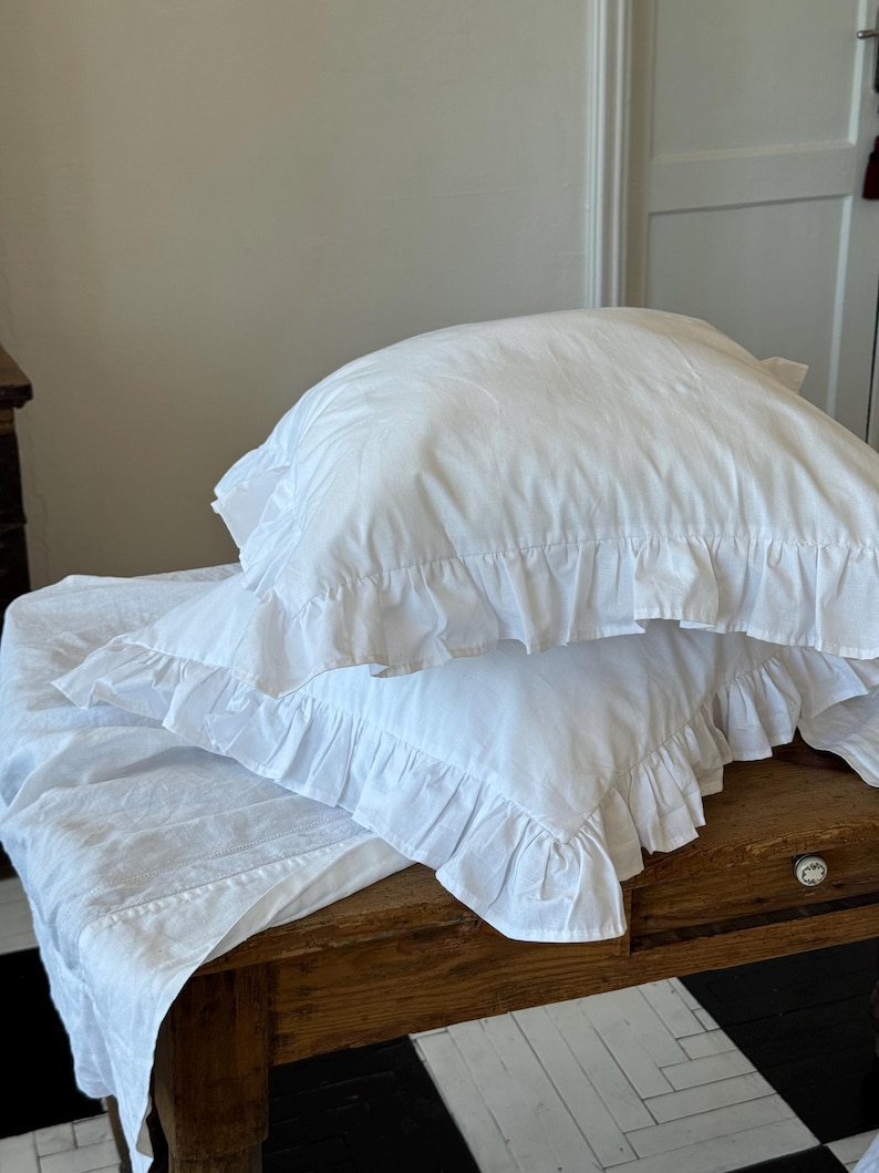 White Frill Cotton Bedding Set, Ranforce Duvet Cover with Pillowcases, Romantic Farmhouse Bed Linen image 6