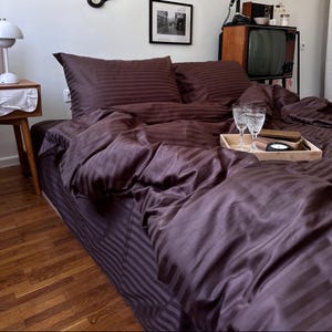 Choco Stripe Satin Bedding Set, Cotton Duvet Cover with Sheet and Pillowcases, Soft Handmade Bed Linen in Twin, Full, Queen, King Sizes