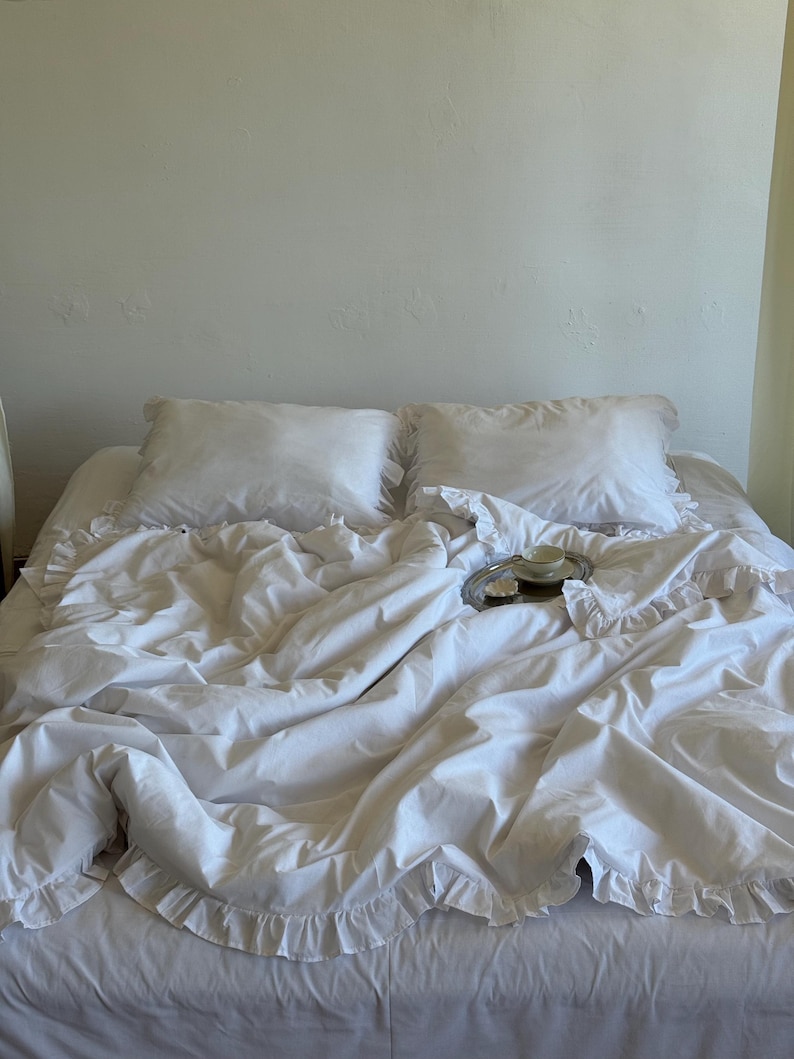 White Frill Cotton Bedding Set, Ranforce Duvet Cover with Pillowcases, Romantic Farmhouse Bed Linen image 9