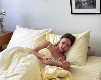 Yellow Cotton Bed Linen Set, Striped Satin Duvet Cover with Pillowcases and Sheet, Soft Handmade Bedding in All Sizes