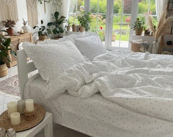 White Ranforce Ruffled Bedding Set – Soft Polka Dot Duvet Cover with Pillowcases, Breathable Cotton Bedding with Frills