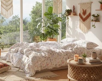 Ranforce Floral Bedding Set, Botanical Cotton Bed Linen with Duvet Cover and Pillowcases, Cottagecore Bedroom Decor, Cozy Housewarming Gift