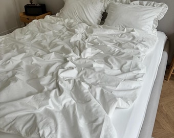 Ruffled Duvet Cover Twin–King, White Bedding Set with Pillowcases, Shabby Chic Romantic Bedding, Duvets, Elegant Ruffled Bedding