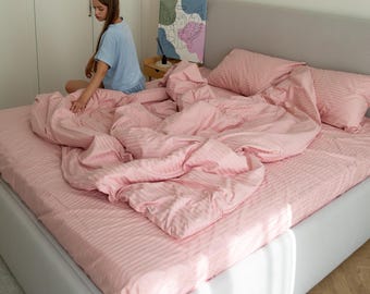 Blush Pink Satin Stripe Bedding Set, Romantic Cotton Queen & King Bed Linen, Cozy Pastel Bedding for Modern Home, Aesthetic Gift for Her