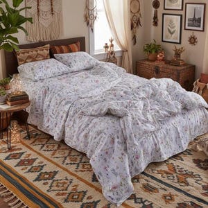 Ranforce Floral Bedding Set, Botanical Cotton Bed Linen with Duvet Cover and Pillowcases, Cottagecore Bedroom Decor, Cozy Housewarming Gift image 6