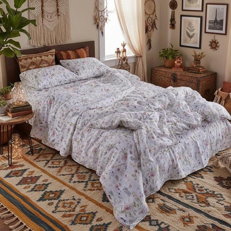 Ranforce Floral Bedding Set, Botanical Cotton Bed Linen with Duvet Cover and Pillowcases, Cottagecore Bedroom Decor, Cozy Housewarming Gift image 6