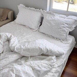White Ranforce Ruffled Bedding Set – Soft Polka Dot Duvet Cover with Pillowcases, Breathable Cotton Bedding with Frills image 13