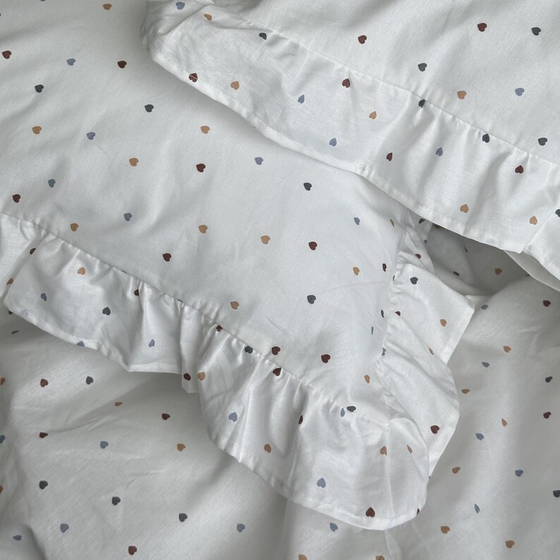 White Ranforce Ruffled Bedding Set – Soft Polka Dot Duvet Cover with Pillowcases, Breathable Cotton Bedding with Frills image 4