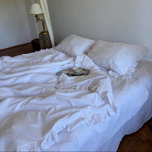 White Frill Cotton Bedding Set, Ranforce Duvet Cover with Pillowcases, Romantic Farmhouse Bed Linen