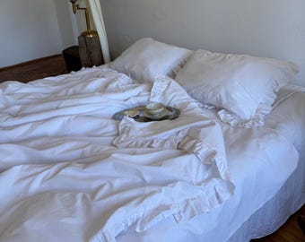 White Frill Cotton Bedding Set, Ranforce Duvet Cover with Pillowcases, Romantic Farmhouse Bed Linen