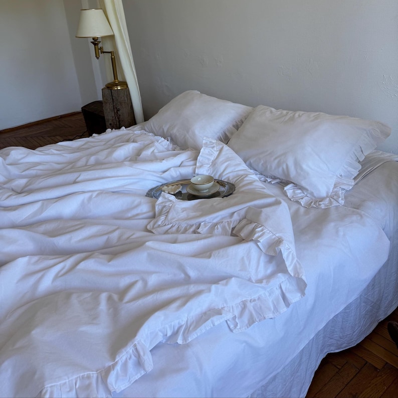 White Frill Cotton Bedding Set, Ranforce Duvet Cover with Pillowcases, Romantic Farmhouse Bed Linen image 1