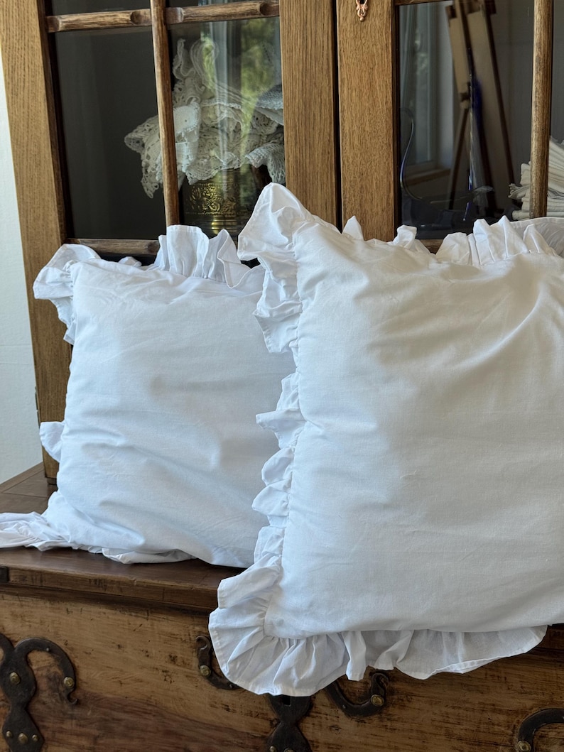 White Frill Cotton Bedding Set, Ranforce Duvet Cover with Pillowcases, Romantic Farmhouse Bed Linen image 5