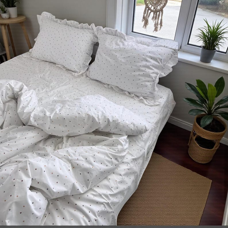 White Ranforce Ruffled Bedding Set – Soft Polka Dot Duvet Cover with Pillowcases, Breathable Cotton Bedding with Frills image 8