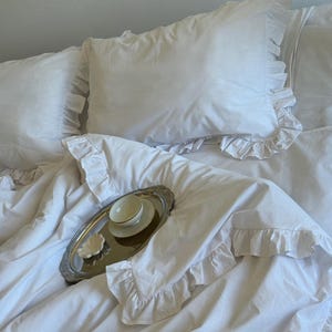 White Frill Cotton Bedding Set, Ranforce Duvet Cover with Pillowcases, Romantic Farmhouse Bed Linen image 7