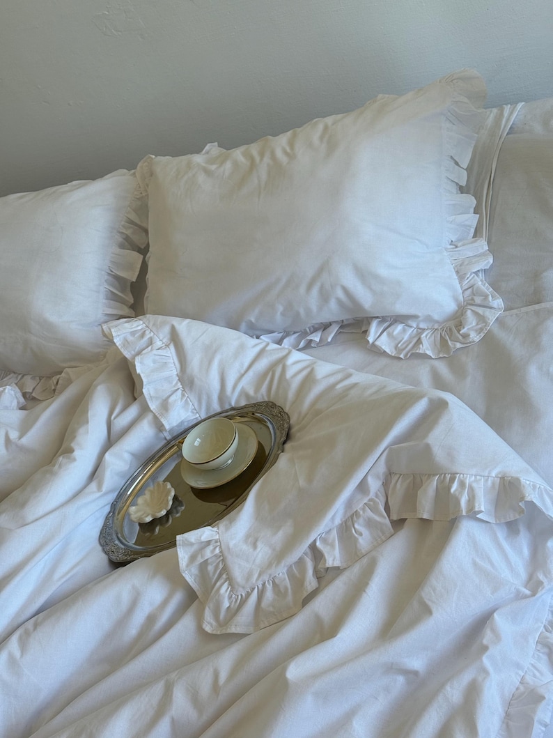 White Frill Cotton Bedding Set, Ranforce Duvet Cover with Pillowcases, Romantic Farmhouse Bed Linen image 7