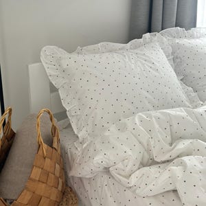 White Ruffled Bedding Set Ranforce Cotton,Polka Dot Duvet Cover with Pillowcases,Soft Breathable Bedding with Frills image 9