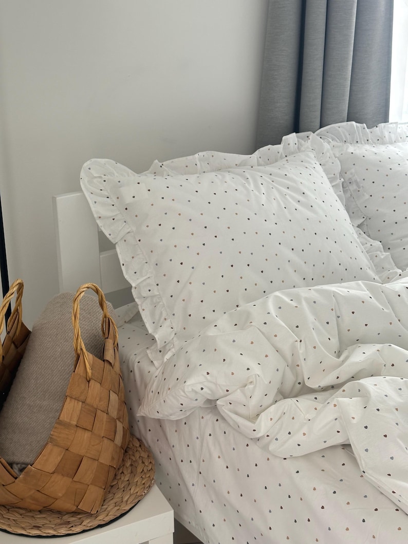 White Ruffled Bedding Set Ranforce Cotton,Polka Dot Duvet Cover with Pillowcases,Soft Breathable Bedding with Frills image 9