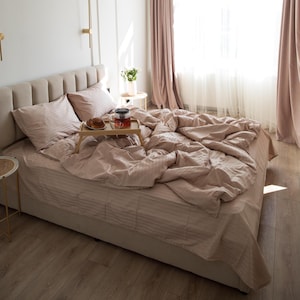 Beige Stripe Satin Cotton Bedding Set, Soft Duvet Cover, Fitted Sheet and Pillowcases, Luxury Natural Bed Linen, King Queen Sizes