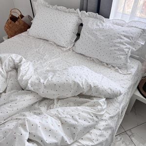 White Ruffled Bedding Set Ranforce Cotton,Polka Dot Duvet Cover with Pillowcases,Soft Breathable Bedding with Frills image 3