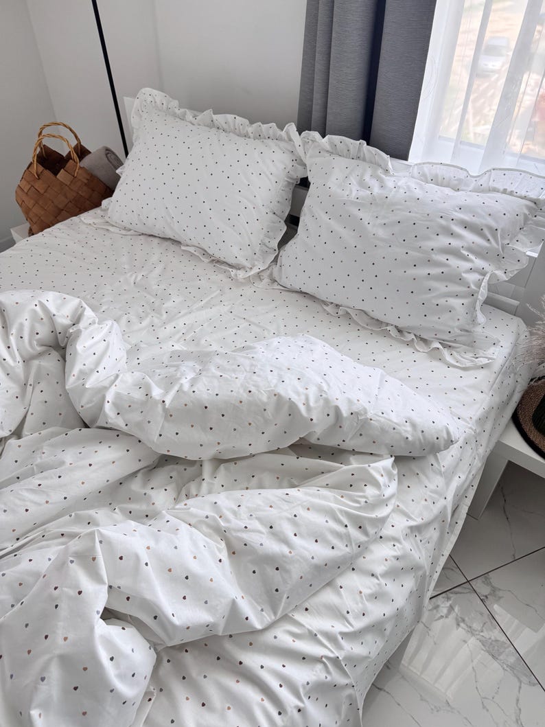 White Ruffled Bedding Set Ranforce Cotton,Polka Dot Duvet Cover with Pillowcases,Soft Breathable Bedding with Frills image 3