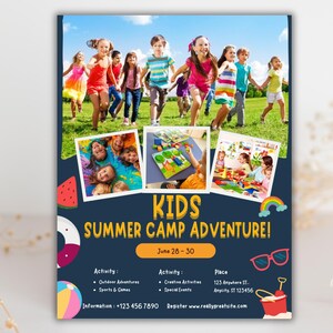 Kids Summer Camp Flyer, Kids Summer Activities Club Flyer, Editable Template, Canva, Kids Invite Invitation, Festival Event Flyer