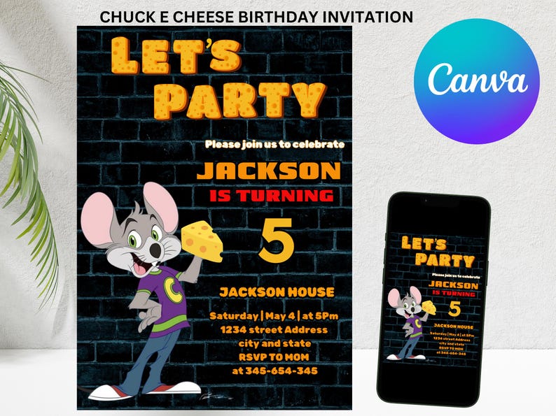 Editable Chuck E Cheese Birthday Invitation Template, Printable Mouse