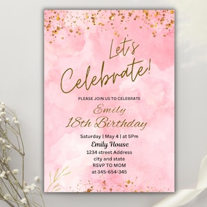 Let&#39;s Celebrate Invitation Template, Tropical Brunch Party Invitation, Editable Pink and gold Birthday Invite Template