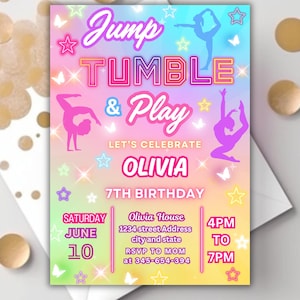 jump tumble & play gymnastics birthday party invitation editable template, Trampoline Invitation, Jump Party Invitation, Girl Party template