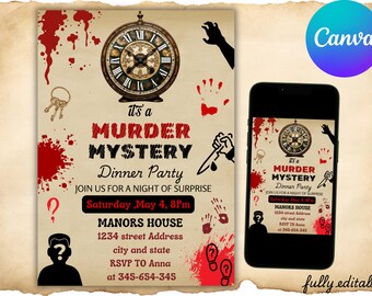 Murder Mystery Dinner Party Einladung, EDITIERBARE Cocktailpartyeinladung für Erwachsene, Mystery-Spiel einladen, bearbeitbare Escape Room-Einladung