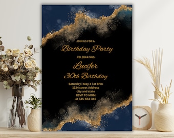 Einladung zum Abendessen in Blau und Gold: Bearbeitbare Partyvorlage (Canva)