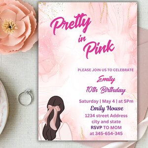 Girl Pretty in Pink Birthday Invitation, Printable Teens Girls Dinner Party Invite, Editable Pink Birthday Invitation,  Print or Text Invite