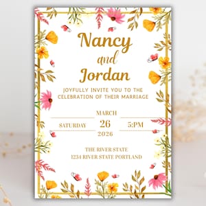 Wildflower Wedding Invitation Template: Spring Garden Floral (EDITABLE Download, 5x7in, PDF)