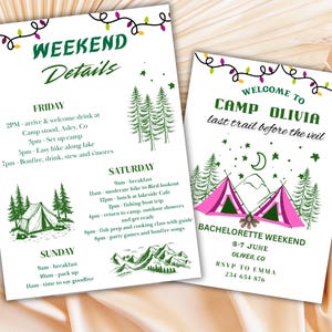 Camp Bachelorette Itinerary, Invitation & Camp Rules Outdoorsy Bachelorette, Bridal Party, Girls Gone Wild,  Mobile Canva Template