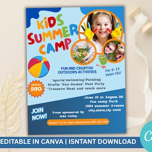 Kids Summer Camp Flyer, Kids Camp Summer Festival Flyer for Kids, Editable Template, Canva, Kids Invite Invitation, Festival Event Flyer
