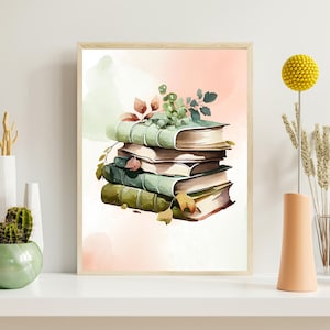 Book Lover Print, Stack of Books Painting, Reading Nook Decor Print | Modern Colorful Books Print | Book Lover Painting