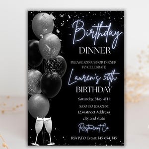 Digital Birthday Dinner Invitation Template, Animated Black silver Diamond Evite For Men & Women, Editable Template, Text, Birthday Party