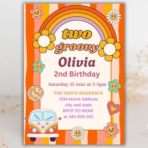 Bearbeitbare ZWEI Groovy Geburtstagseinladung, EDITIERBARE Mädchen Daisy Rainbow Groovy 2. Geburtstag einladen, Retro Geburtstag einladen Sofort-Download