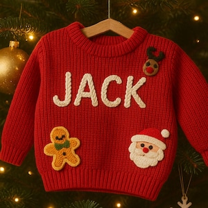 Personalized Christmas Embroidered Sweater, Custom Name Knit Family Matching Sweater, Holiday Knit Jumper for Mom and Baby